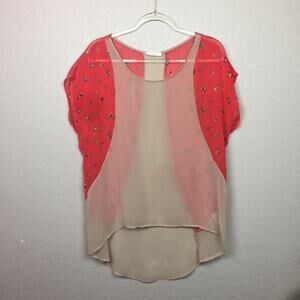 LUSH Sheer Blouse w/ Bright Coral Floral Pattern